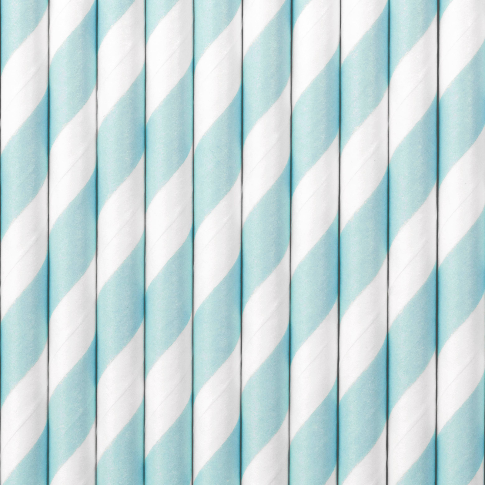 A pack of 10 light blue and white striped paper straws, great for baby showers or soft pastel themes.