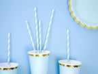 Light blue striped paper straws styled in drinks at a soft pastel party.