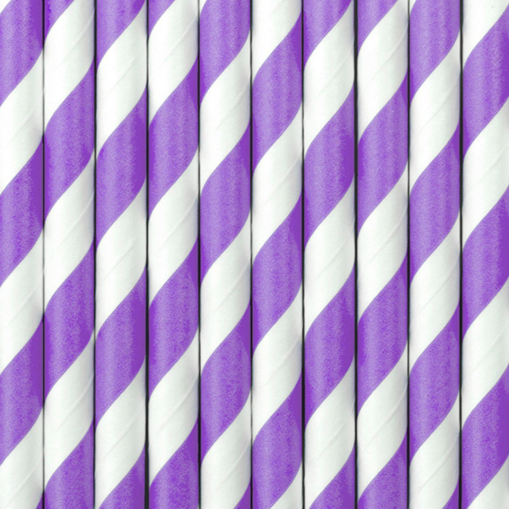 A set of 10 purple and white striped paper straws, perfect for magical or whimsical party settings.