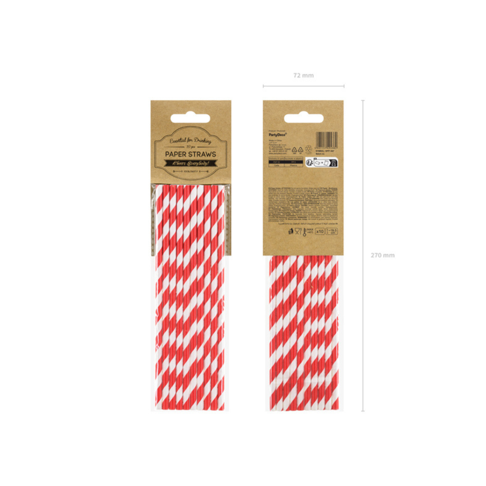 Red striped paper straws packaging with classic stripe design.