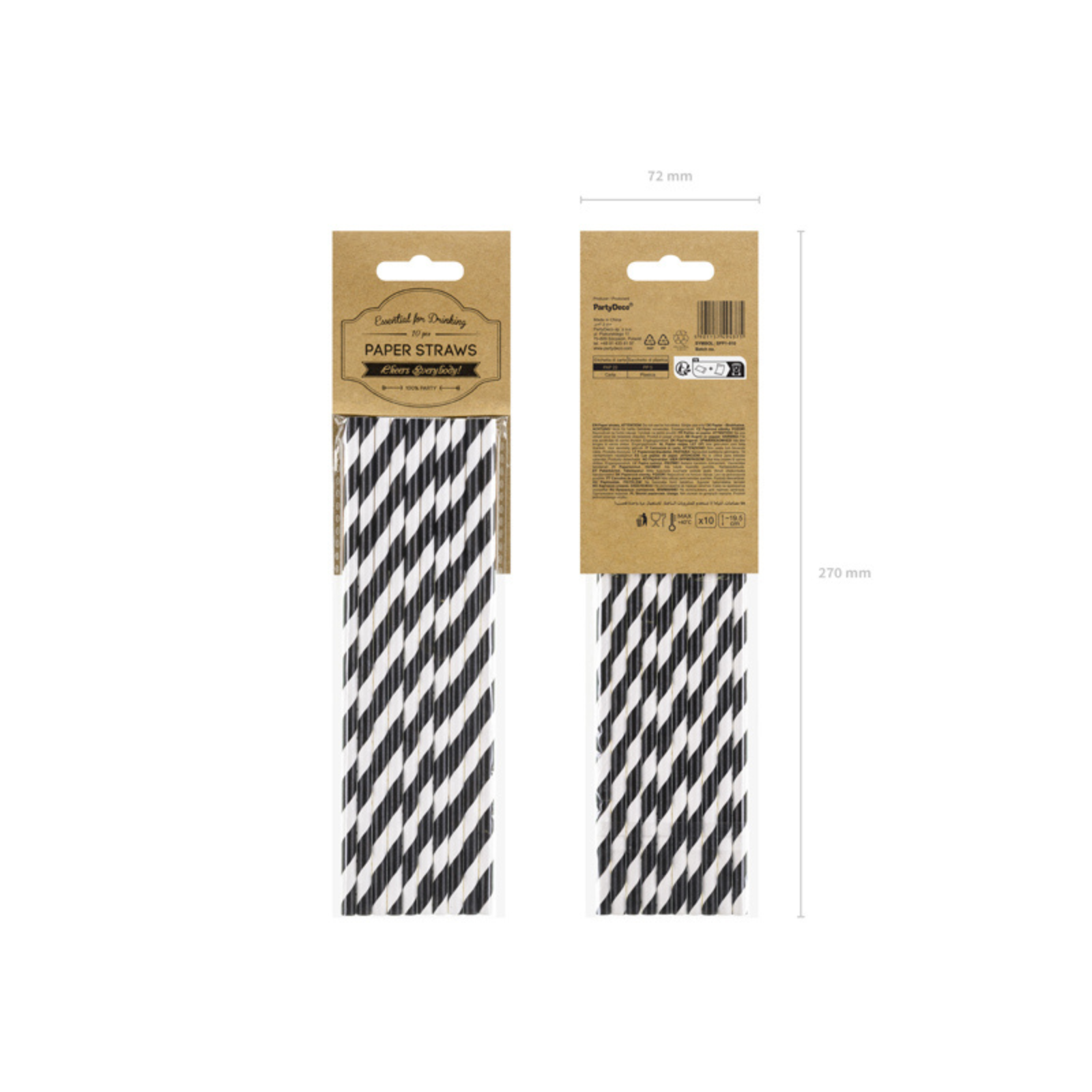 Black striped paper straws packaging with monochrome stripe pattern.