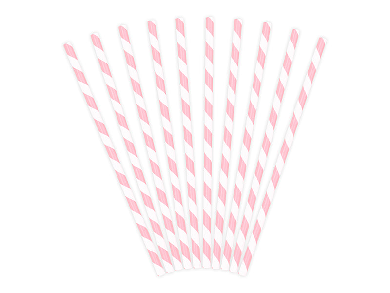 Pink and white striped straws on a white background