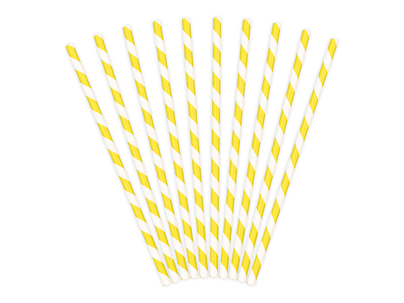 Yellow and white striped straws on a white background