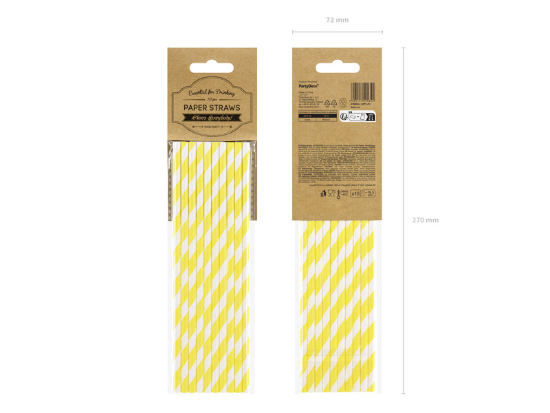 Yellow and white striped paper straws with packaging on a white background