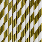 A pack of 10 gold and white striped paper straws, adding elegance to any party drink setup.