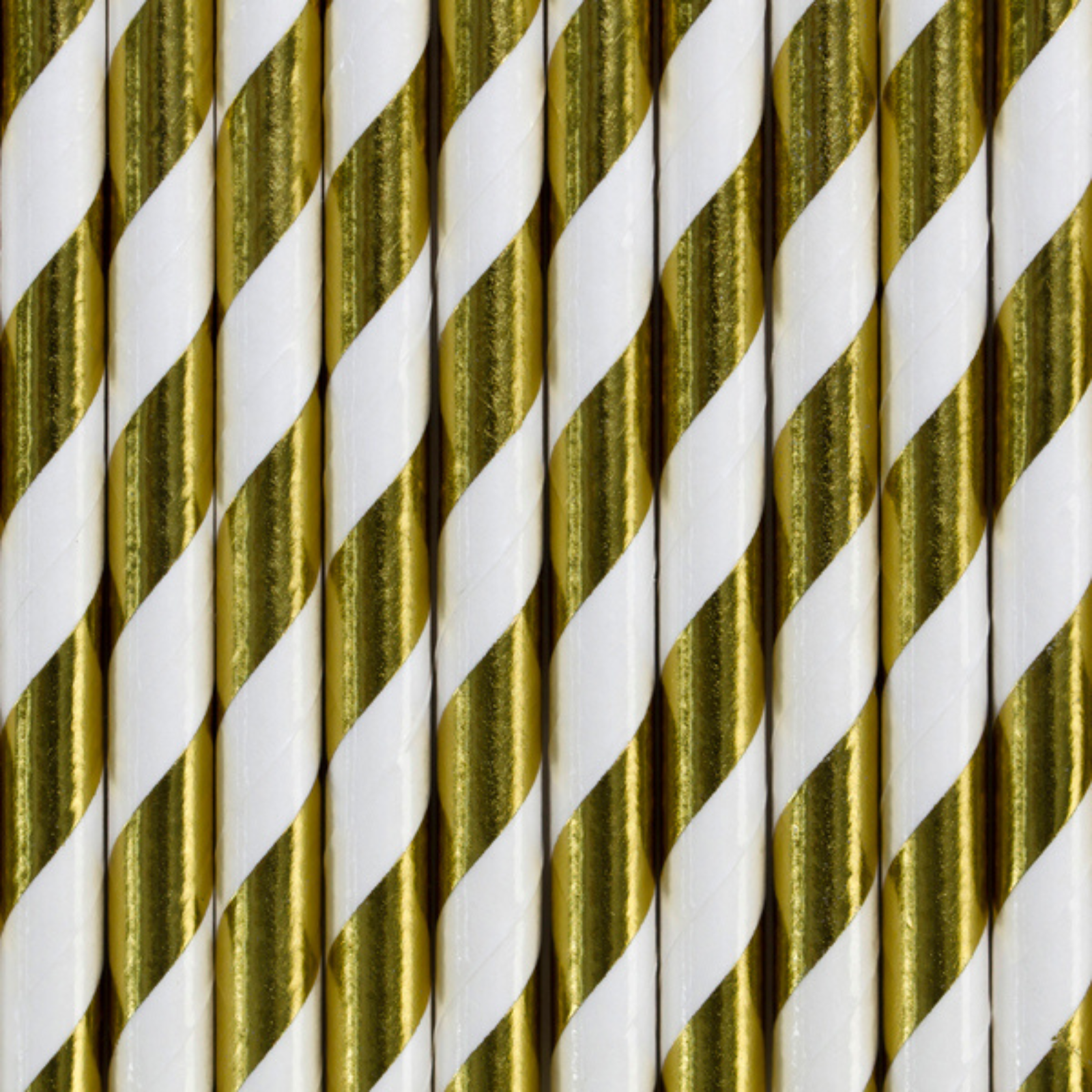 A pack of 10 gold and white striped paper straws, adding elegance to any party drink setup.