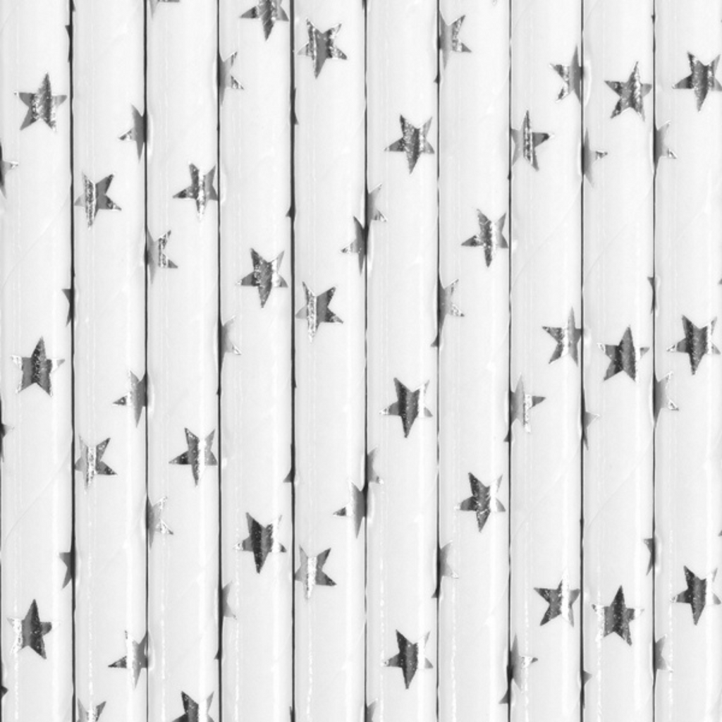 A set of 10 paper straws printed with silver stars on white background, great for celestial or magical parties.