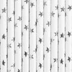 A set of 10 paper straws printed with silver stars on white background, great for celestial or magical parties.