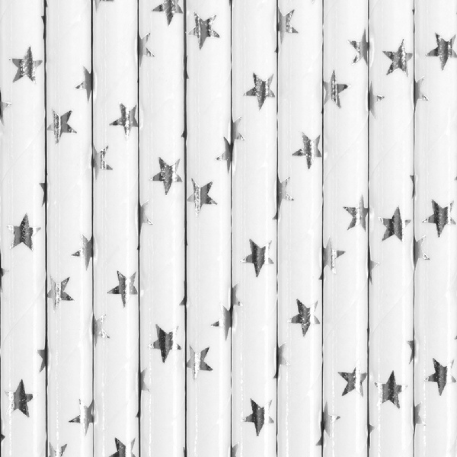 A set of 10 paper straws printed with silver stars on white background, great for celestial or magical parties.