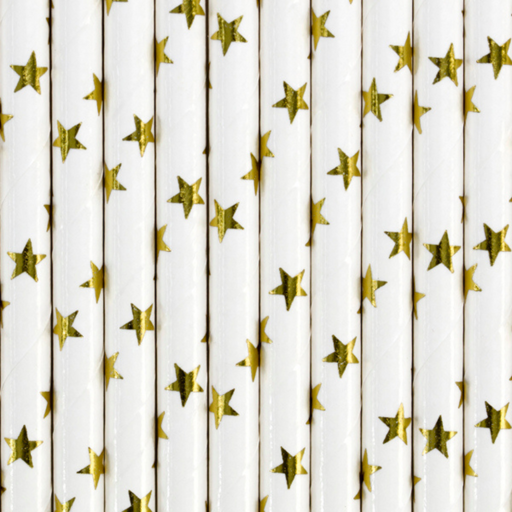 A pack of 10 paper straws featuring shiny gold stars, perfect for elegant or fairytale-themed celebrations.