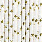 A pack of 10 paper straws featuring shiny gold stars, perfect for elegant or fairytale-themed celebrations.