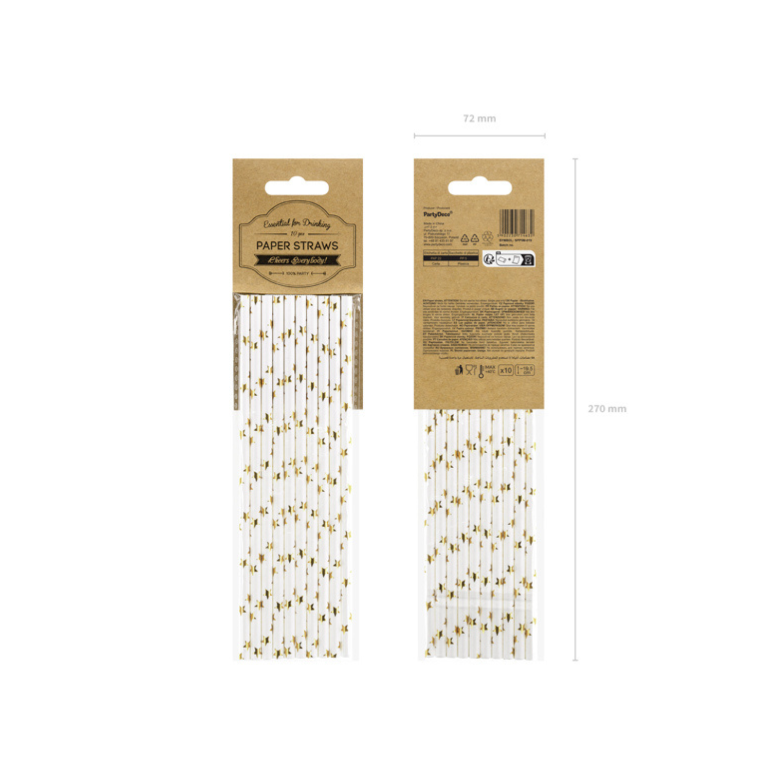 Gold stars paper straws packaging with metallic star design.