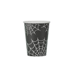 Black paper cup with white spider web pattern on a white background