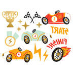 A pack of temporary tattoos featuring racecars, flags, and road signs, perfect for party fun or goodie bags.
