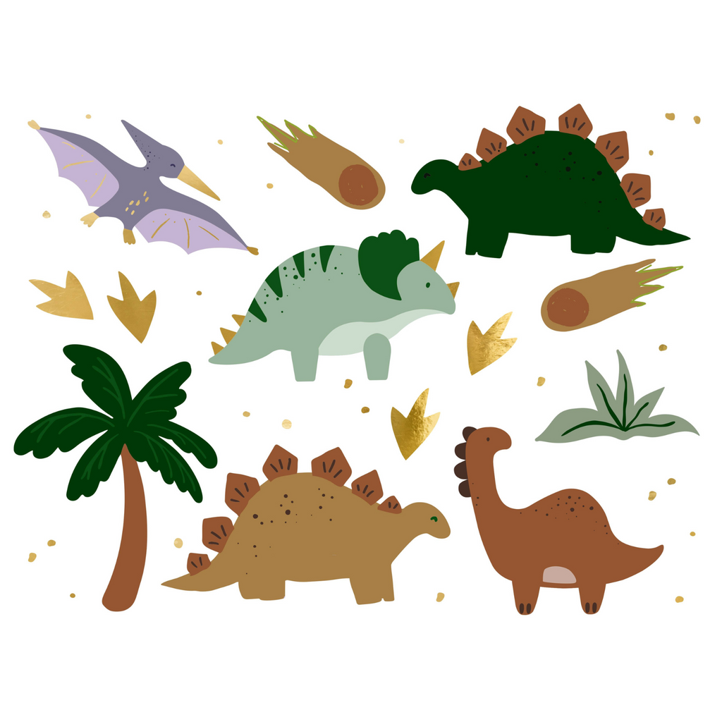A pack of 13 temporary tattoos featuring various dinosaurs and themed icons.