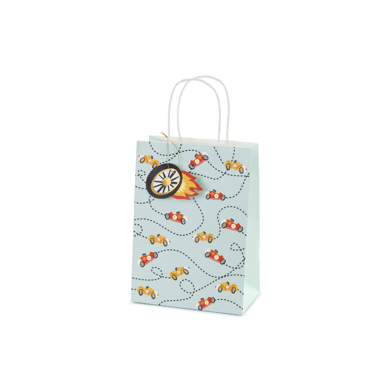 A single race-themed party bag featuring cars and checkered prints, perfect for party favors or goodies.