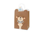 Brown bear-shaped party bag with a blue bow and party hat