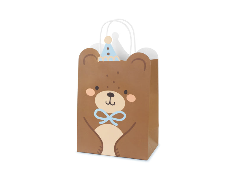 Brown bear-shaped party bag with a blue bow and party hat