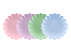 A set of 4 plastic plates with a frill edge, perfect for a stylish, reusable tableware option at your next party, in 4 different colour options
