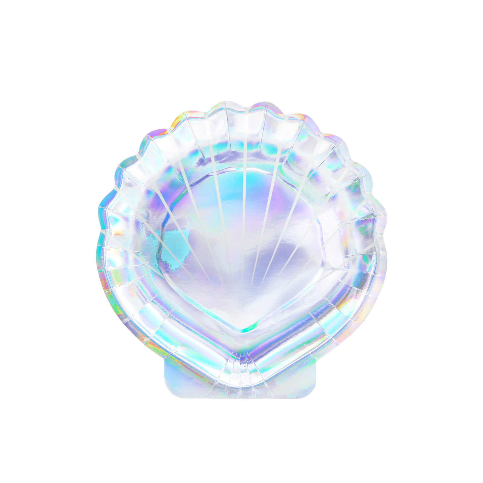 A pack of 6 shell-shaped plates in irridescent colors, perfect for snacks or desserts at mermaid-themed parties.