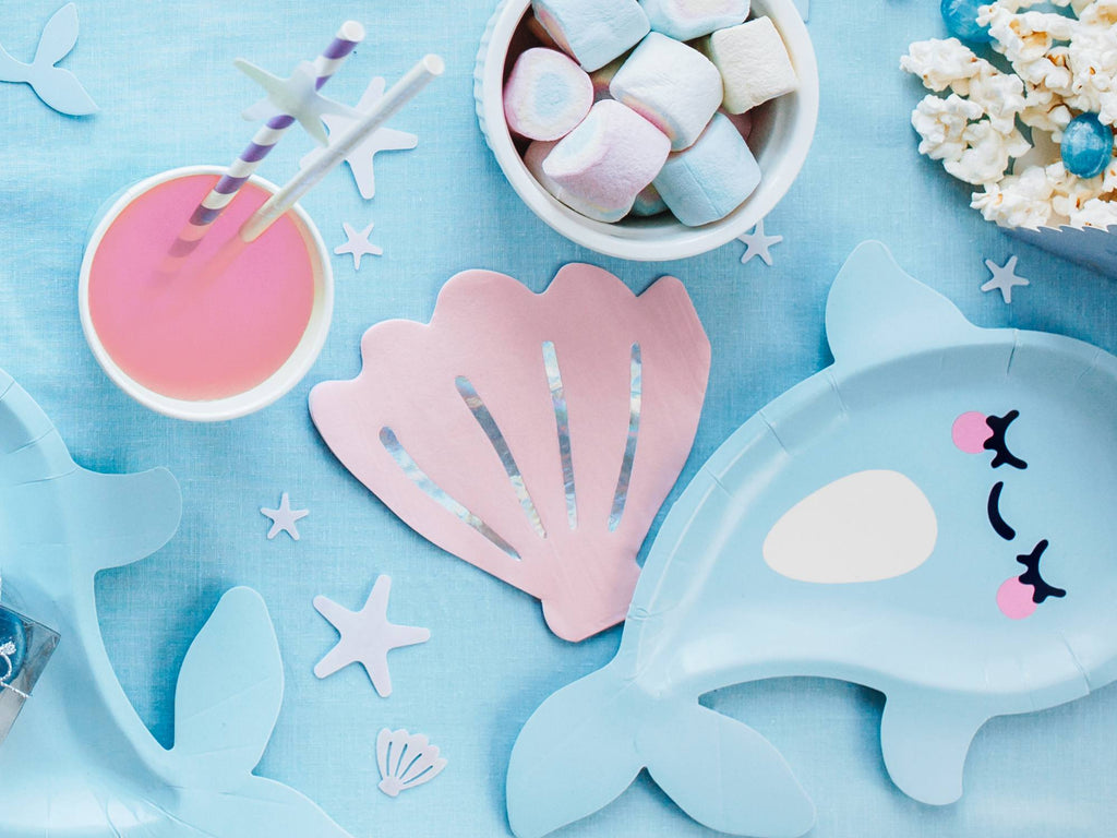Making Waves narwhale paper plates close-up with underwater ocean elements