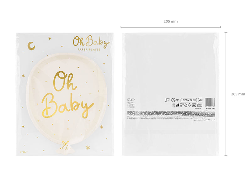 Oh Sweet Baby balloon paper plates packaging showing complete 6 pack