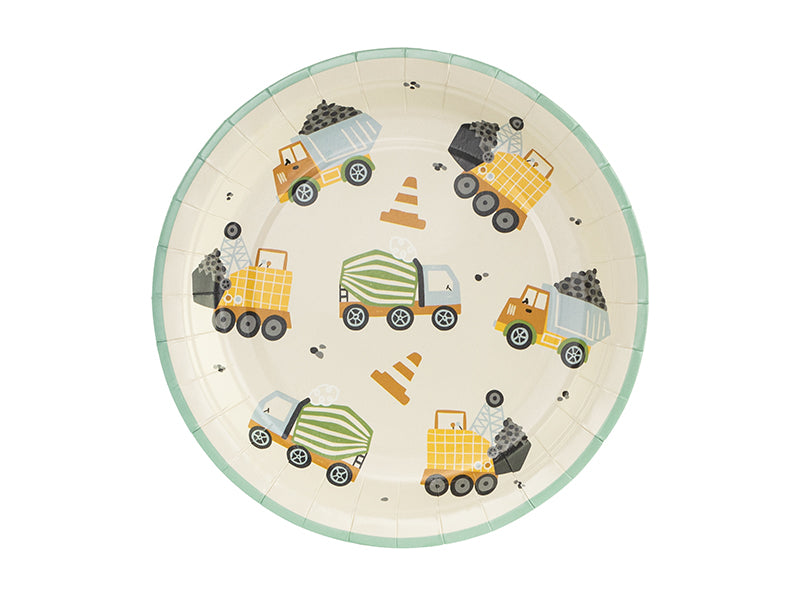 Set of 6 colorful Little Builder party plates featuring construction vehicle designs