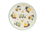Set of 6 colorful Little Builder party plates featuring construction vehicle designs