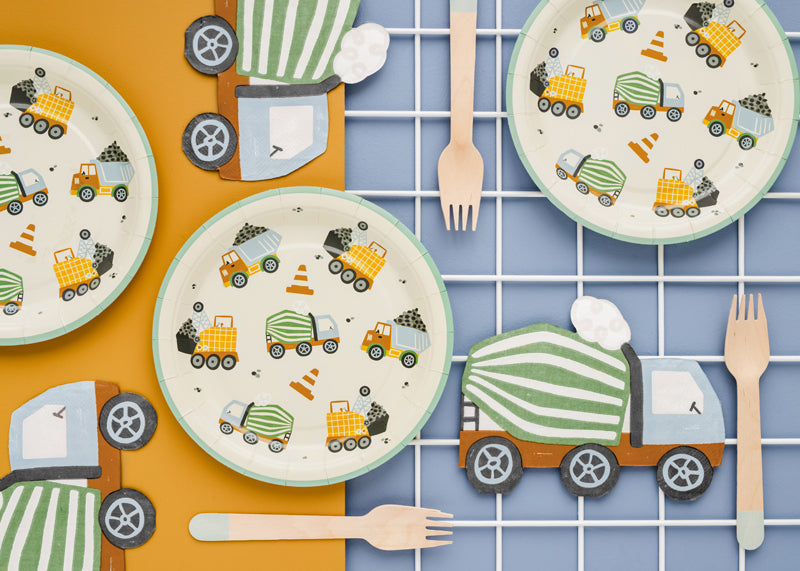 Little Builder paper plates detail showing construction vehicle and tool designs