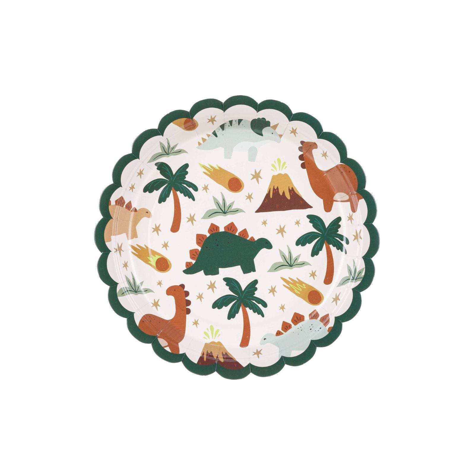 A set of 6 paper plates with fun dinosaur illustrations, ideal for snacks or meals at a dino celebration.