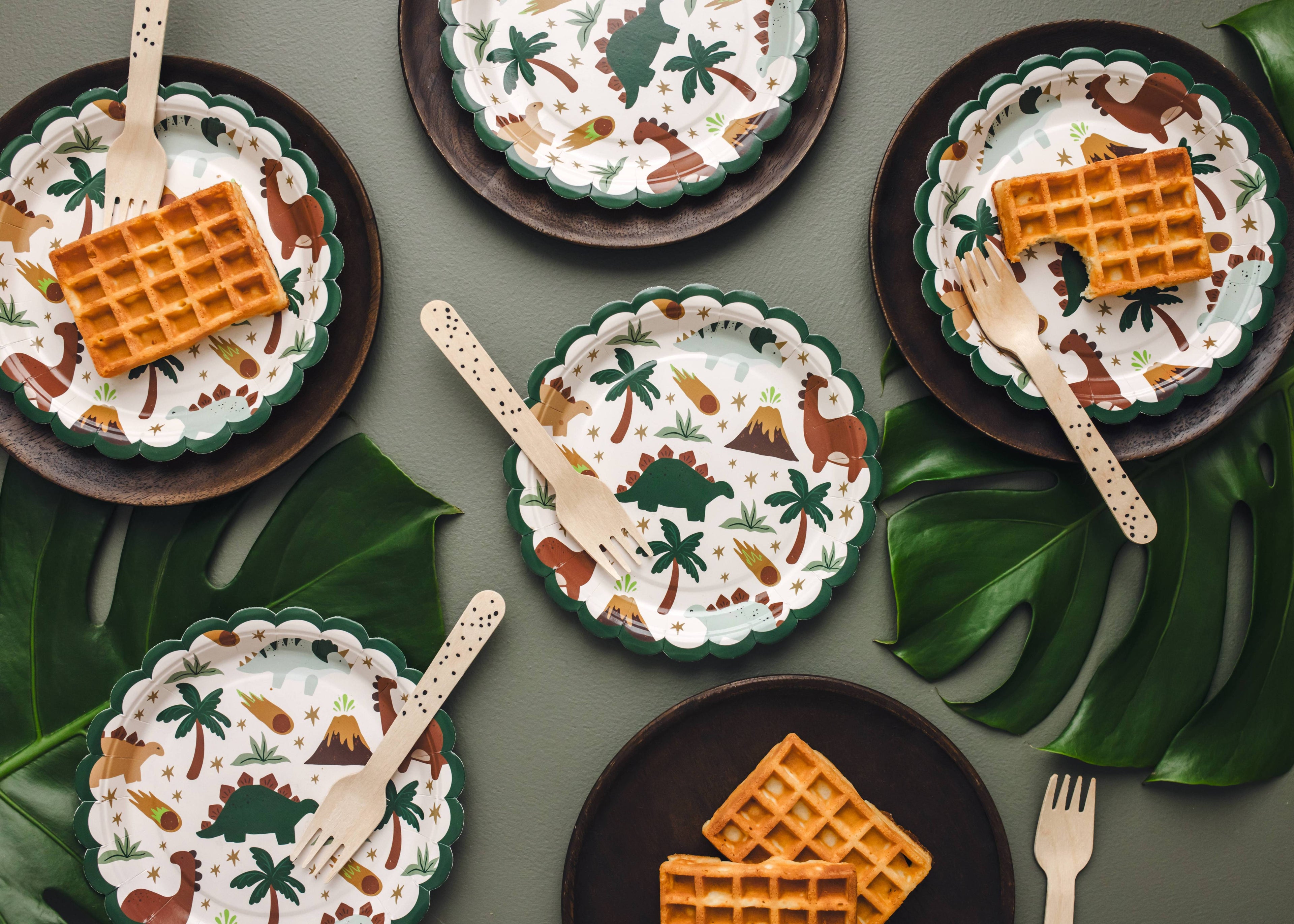 Dino Party mixed paper plates detail showing fun dinosaur illustrations