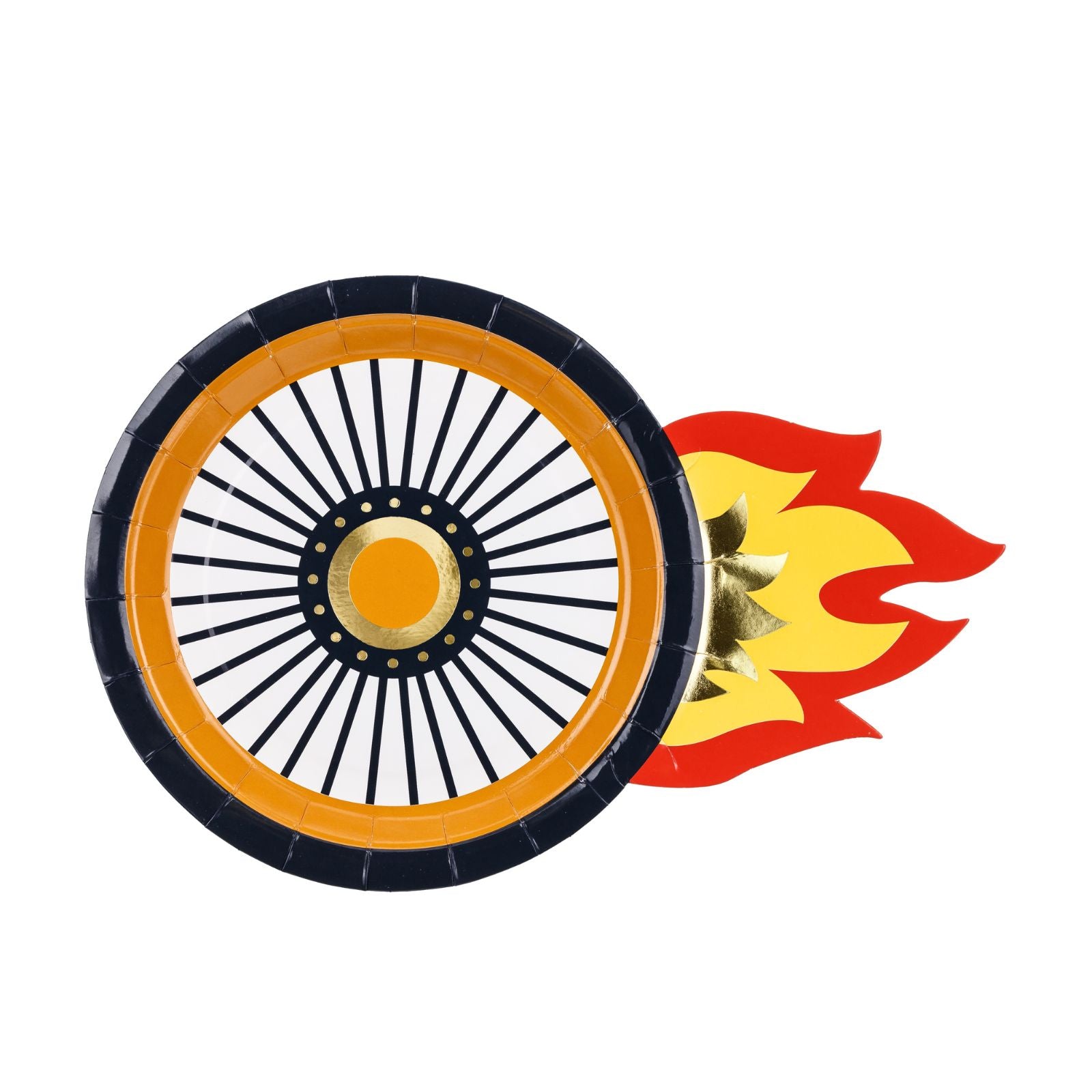 A set of 6 plates with tire-inspired wheel designs, perfect for serving snacks at a racing-themed event