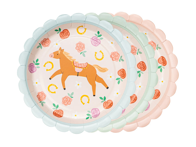 Pink Pony Club paper plates with horse and flower designs for pony party