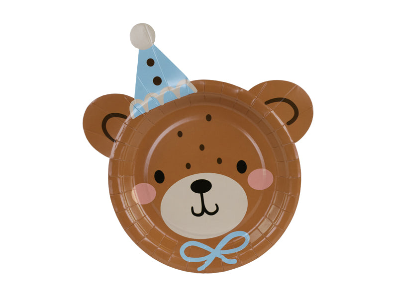 Paper plate designed like a bear wearing a party hat 