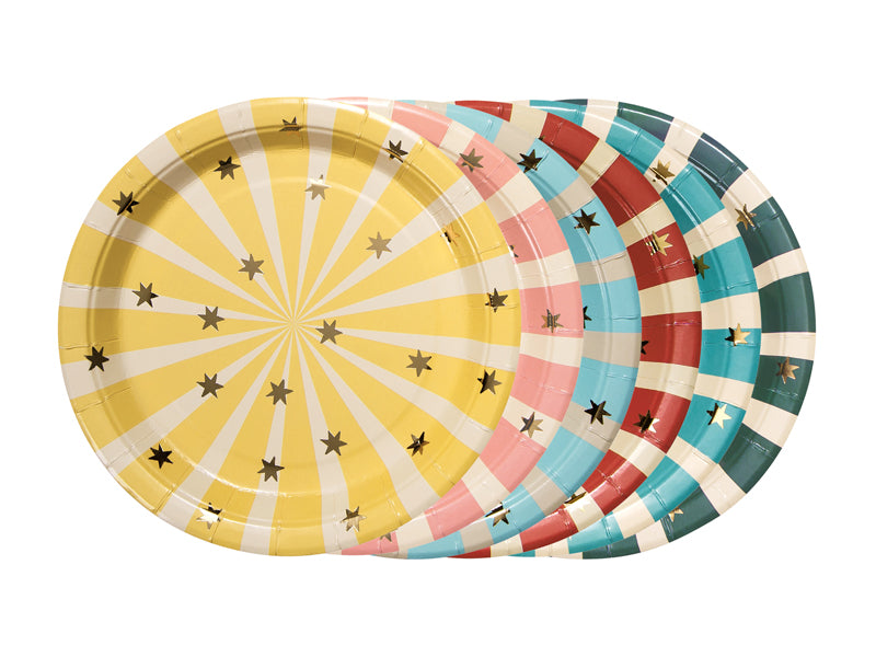  A set of 6 striped plates featuring bright circus colors, perfect for serving food at a carnival-themed party.