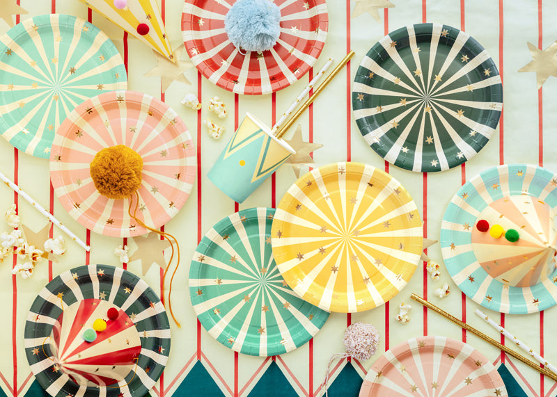 Big Top Circus striped plates detail showing bright circus color stripes