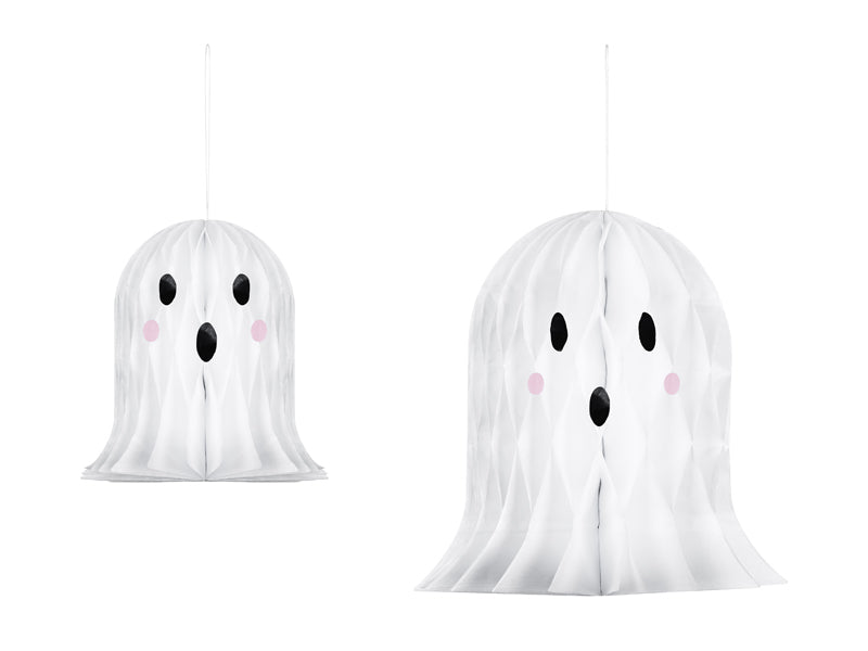Two white ghost-shaped decorations with black eyes and pink cheeks on a white background